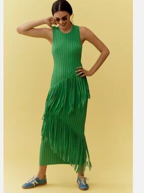SIMON MILLER Spiral Knit Fringe Bodycon Maxi Dress Green M NWT Anthropologie